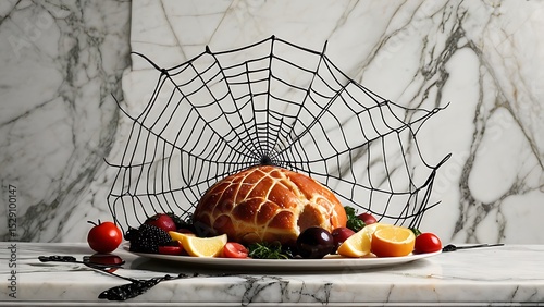Whimsical Festive Food Display with Pastry Under Spiderweb for Autumn Holiday Celebrations and Seasonal Gastronomy
