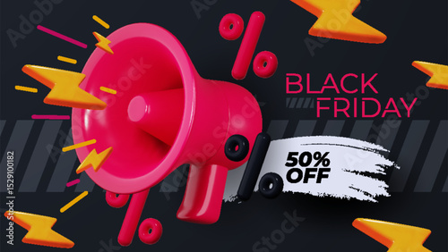 Black Friday fashion sale illustration featuring a megaphone on a dark background. 3D style flash sale design, ideal for business promotions and discount day advertising.