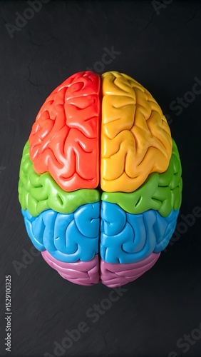 High-Resolution 3D Brain Map – Top-Down View with Glowing Neural Regions in Color