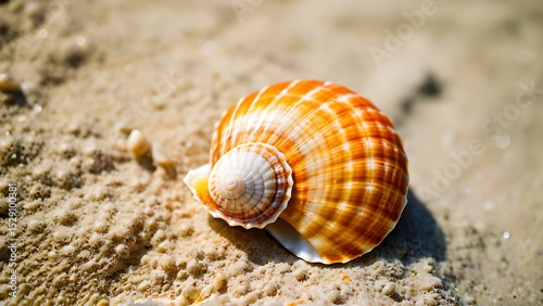 Detailed macro shot of a textured spiral seashell resting on sun-kissed sand, evoking the tranquility of a seaside escape and the intricate beauty of natural forms for travel and relaxation themes.