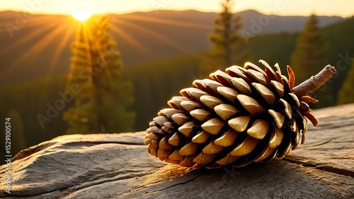 Golden Pine Cone at Sunrise - Serene Forest Scene for Nature Photography, Environmental Awareness, and Autumn Promotion