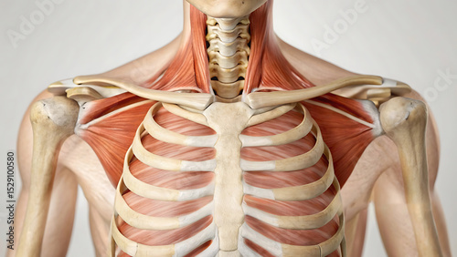 Detailed Medical Drawing of Shoulder Musculature and Skeletal Structure in Cross View