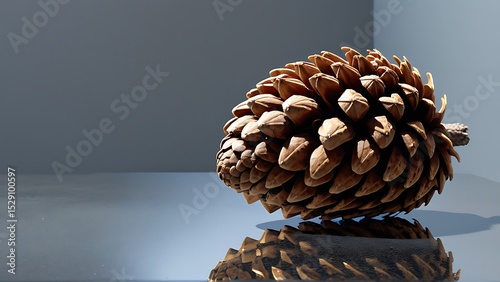 Studio Shot of a Large Textured Pinecone with Reflection on Gray Surface for Educational Materials, Scientific Illustration, or Rustic Home Decor Print
