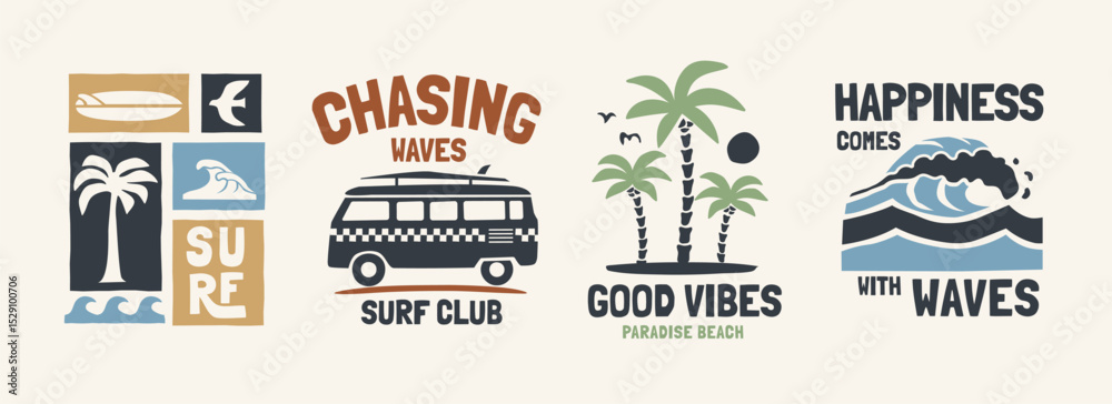 Fototapeta premium Vector graphic set with a tropical surf theme graphics. Perfect for t-shirt print, posters, and other surfing related designs