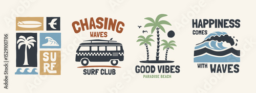 Vector graphic set with a tropical surf theme graphics. Perfect for t-shirt print, posters, and other surfing related designs