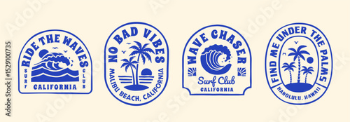 A set of retro-style surf club vector badges with waves, palm trees, and sunsets. Perfect for t-shirt designs, logos, and coastal branding, evoking the California surf culture.