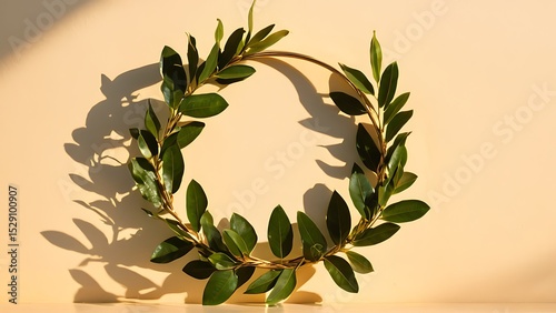 Elegant botanical laurel wreath made of green leaves and golden wire on a textured cream-colored background casting dramatic shadows, perfect for awards, victory and achievement concepts and designs.