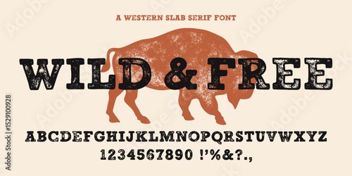 Rustic slab serif font with a distressed Western feel. Bold uppercase letters, numbers, and symbols—perfect for vintage, cowboy, or outdoor-themed designs.