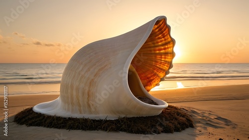 Golden Hour Seashell Beach - Serene Coastal Landscape for Travel, Vacation, and Summer Themes with the Sun Setting over the Ocean, casting a warm golden glow on the sand.