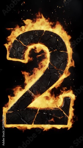 Fiery number two symbol burning with cracking texture. Digital countdown concept for hot deals or gaming graphics.