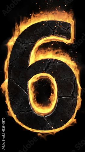 Fiery number six on black background. Burning abstract digit for countdown, event, or anniversary visualization footage.