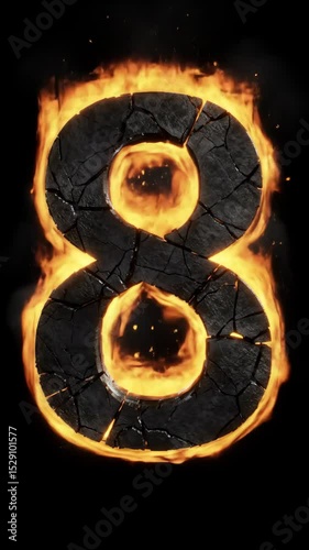 Cracked fiery number eight on black background. Hot number made of lava and rock. Exploding glowing numeral footage.