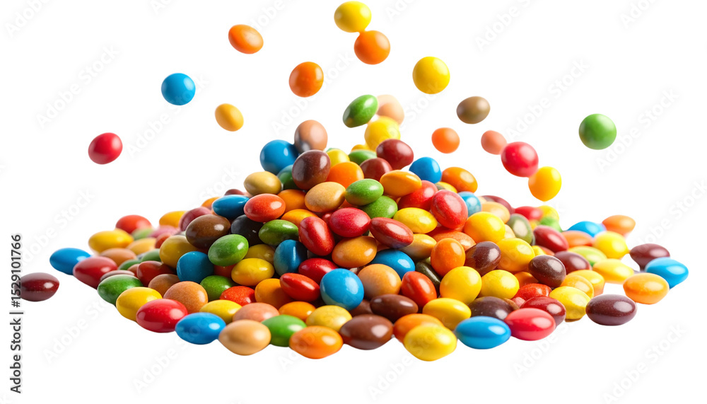 Obraz premium Colorful candies falling isolated on solid white background in Png