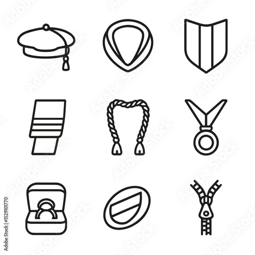 Academic Regalia Icons. Outline icon set of academic regalia accessories: velvet tam, doctoral hood, hood lining, gown cuff,