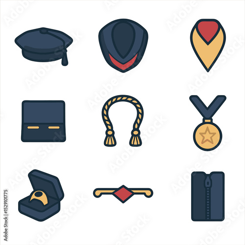 Academic Regalia Icons. Flat icon set of academic regalia accessories: velvet tam, doctoral hood, hood lining, gown cuff, faculty