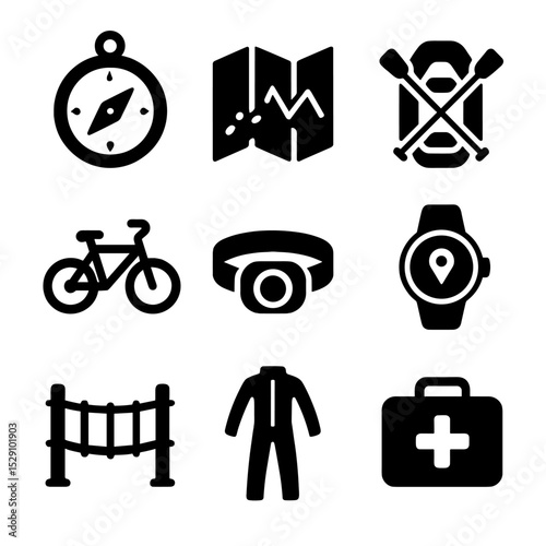 Adventure Icon Set. Solid, Filled icon set of adventure racing: compass, map, raft, mountain bike, headlamp, GPS watch, rope