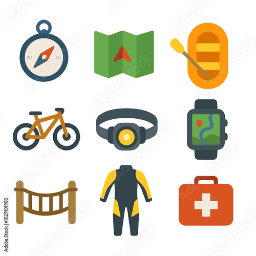 Adventure Gear Icons. Flat icon set of adventure racing: compass, map, raft, mountain bike, headlamp, GPS watch, rope bridge,