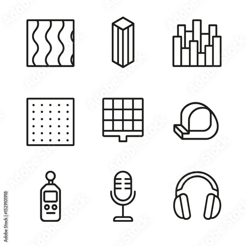 Acoustic Icon Set. Outline icon set of acoustic treatments: foam panel, bass trap, diffuser, absorber, grid mount, cable clip,