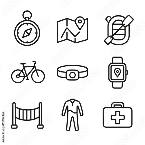 Adventure Racing Icons. Outline icon set of adventure racing: compass, map, raft, mountain bike, headlamp, GPS watch, rope bridge,