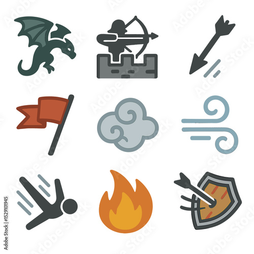 Aerial Combat Icons. Flat icon set of aerial combat: swooping dragon, archer on wall, falling arrow, shield deflection, flying