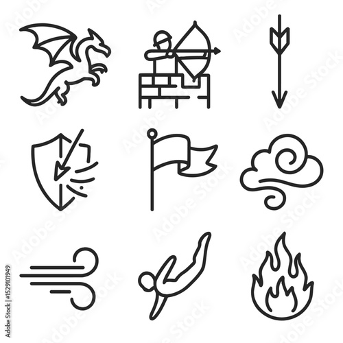 Aerial Combat Icon Set. Outline icon set of aerial combat: swooping dragon, archer on wall, falling arrow, shield deflection,