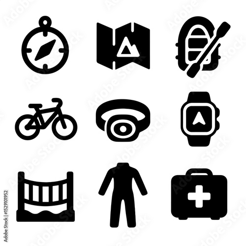 Adventure Icon Set. Solid, Filled icon set of adventure racing: compass, map, raft, mountain bike, headlamp, GPS watch, rope