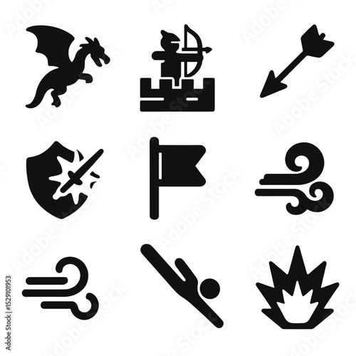 Aerial Combat Icons. Solid, Filled icon set of aerial combat: swooping dragon, archer on wall, falling arrow, shield deflection,
