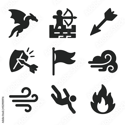 Aerial Combat Icons. Solid, Filled icon set of aerial combat: swooping dragon, archer on wall, falling arrow, shield deflection,