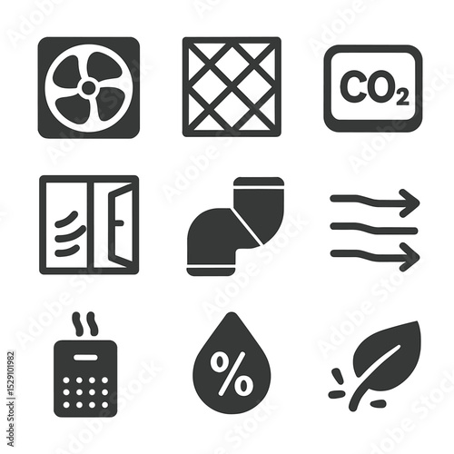 Air Quality Icons. Flat icon set of air quality control: ventilation fan, air filter, CO₂ monitor, open window, HVAC duct, airflow