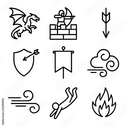 Aerial Combat Icon Set. Outline icon set of aerial combat: swooping dragon, archer on wall, falling arrow, shield deflection,