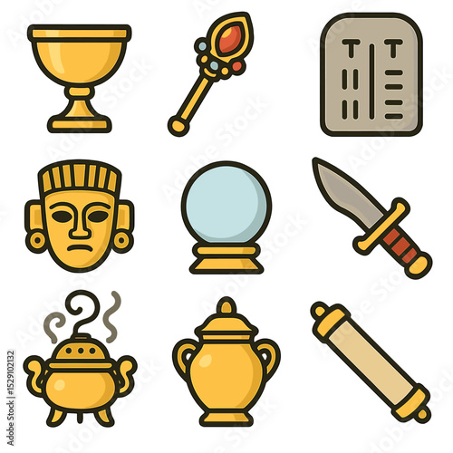 Ancient Temple Artifacts. Flat icon set of ancient temple artifacts: golden chalice, jeweled scepter, stone tablet, ceremonial