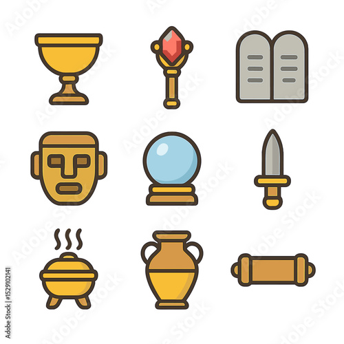 Ancient Temple Artifacts. Flat icon set of ancient temple artifacts: golden chalice, jeweled scepter, stone tablet, ceremonial