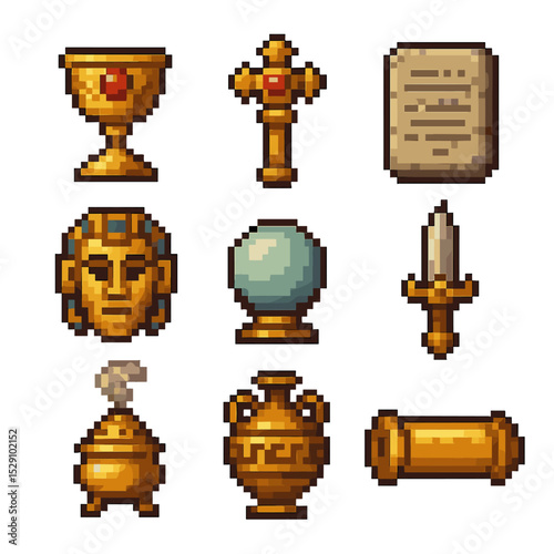 Ancient Temple Artifacts. Pixel art icon set of ancient temple artifacts: golden chalice, jeweled scepter, stone tablet,