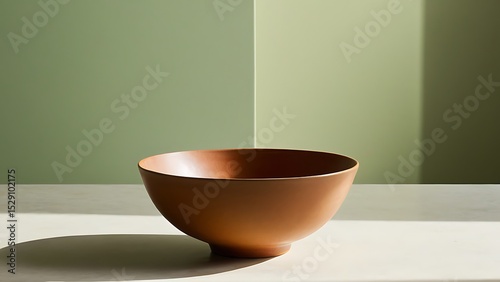 Minimalist Still Life with Earthenware Bowl: A serene studio shot showcasing a terracotta-toned ceramic bowl on a marble surface against a two-toned soft green backdrop for culinary and lifestyle