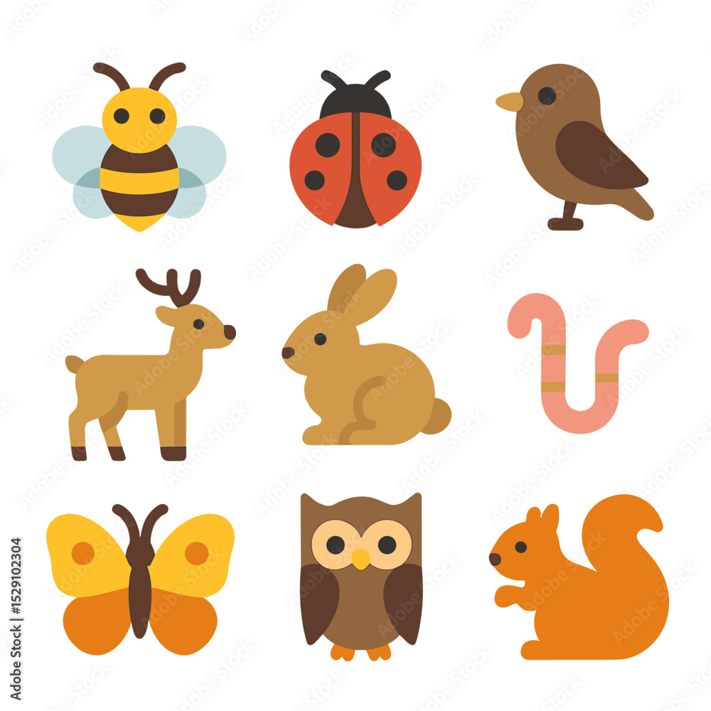 Fototapeta premium Apple Farm Wildlife Icons. Flat icon set of apple farm wildlife: bee, ladybug, bird, deer, rabbit, earthworm, butterfly, owl,