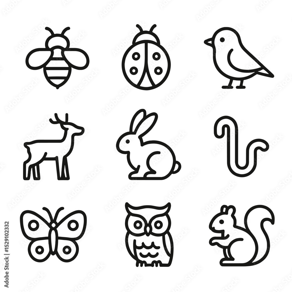 Obraz premium Apple Farm Wildlife Icons. Outline icon set of apple farm wildlife: bee, ladybug, bird, deer, rabbit, earthworm, butterfly, owl,