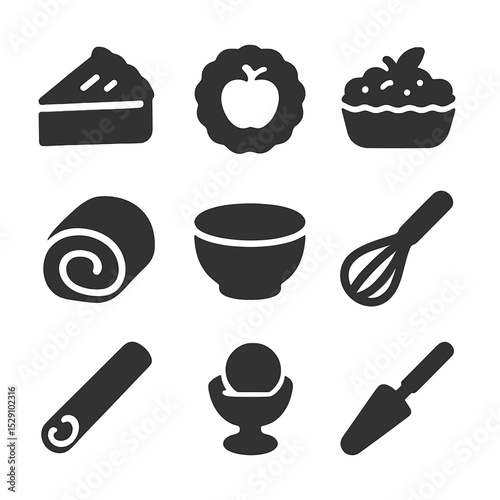 Apple Desserts Icons. Solid, Filled icon set of apple desserts and baked goods: pie slice, tart, crumble bowl, dough roll, mixing