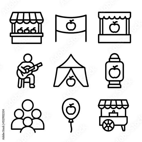 Apple Festival Icons. Outline icon set of apple season festivals: market stall, banner, stage, musician, tent, lantern, crowd,