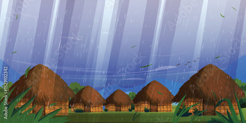 Traditional Papuan house with rain view