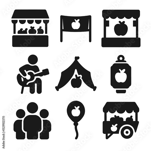 Apple Festival Icons. Solid, Filled icon set of apple season festivals: market stall, banner, stage, musician, tent, lantern,