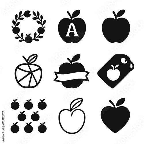 Wallpaper Mural Apple Icon Grid. Flat icon set of apple design motifs: wreath, monogram, silhouette, geometric apple, line art leaf, ribbon, tag, Torontodigital.ca
