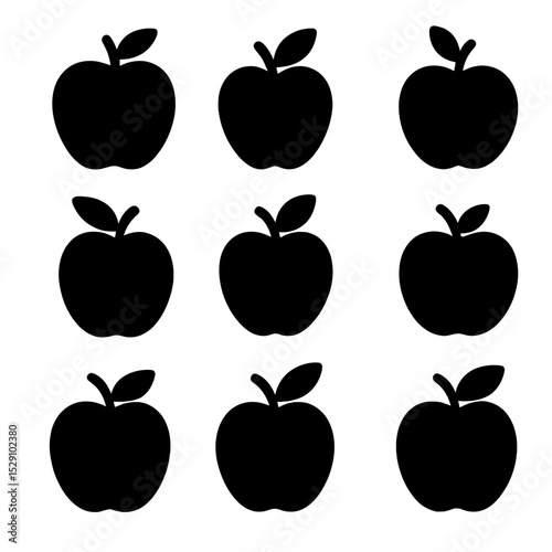 Apple Icon Grid. Solid, Filled icon set of crisp apple varieties: honeycrisp, gala, fuji, pink lady, golden delicious, granny
