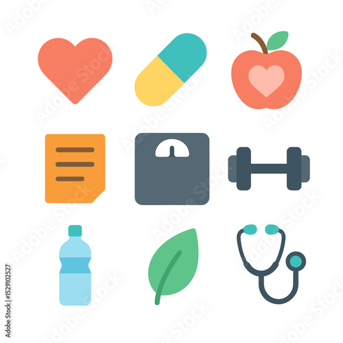 Apple Health Icons. Flat icon set of apple health and nutrition: heart symbol, vitamin pill, apple with heart, nutrition label,