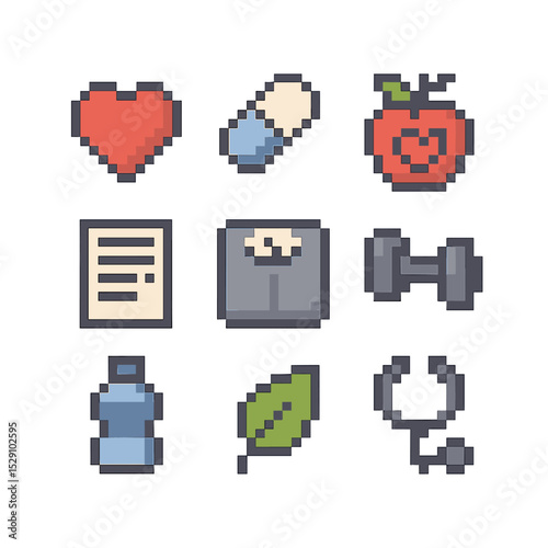 Apple Health Icons. Pixel art icon set of apple health and nutrition: heart symbol, vitamin pill, apple with heart, nutrition