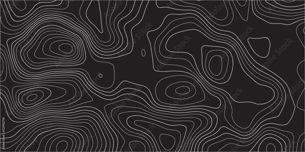 An abstract topographic map design featuring thin, light gray contour lines intricately weaving across a solid black background. The lines undulate and curve, An abstract topographic map design featuring thin, light gray contour lines intricately weaving across a solid black background. The lines undulate and curve,