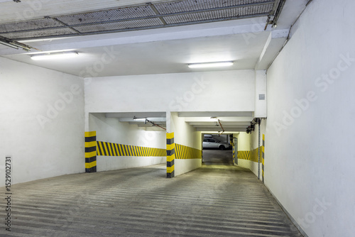 Underground parking garage ramp with markings