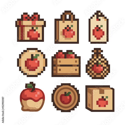 Apple Packaging Icons. Pixel art icon set of apple-themed packaging: gift box, paper bag, label tag, sticker, crate, net bag, wax
