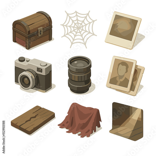 Abandoned Attic Icons. Isometric Flat icon set of abandoned attic photography: wooden trunk, cobweb, dusty polaroid, vintage