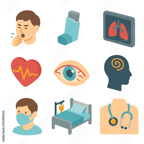 Air Pollution Health Icons. Isometric Flat icon set of health effects of air pollution: coughing face, asthma inhaler, lung X-ray