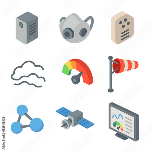 Air Quality Essentials. Isometric Flat icon set of air quality monitoring: air quality sensor, respirator mask, particulate matter